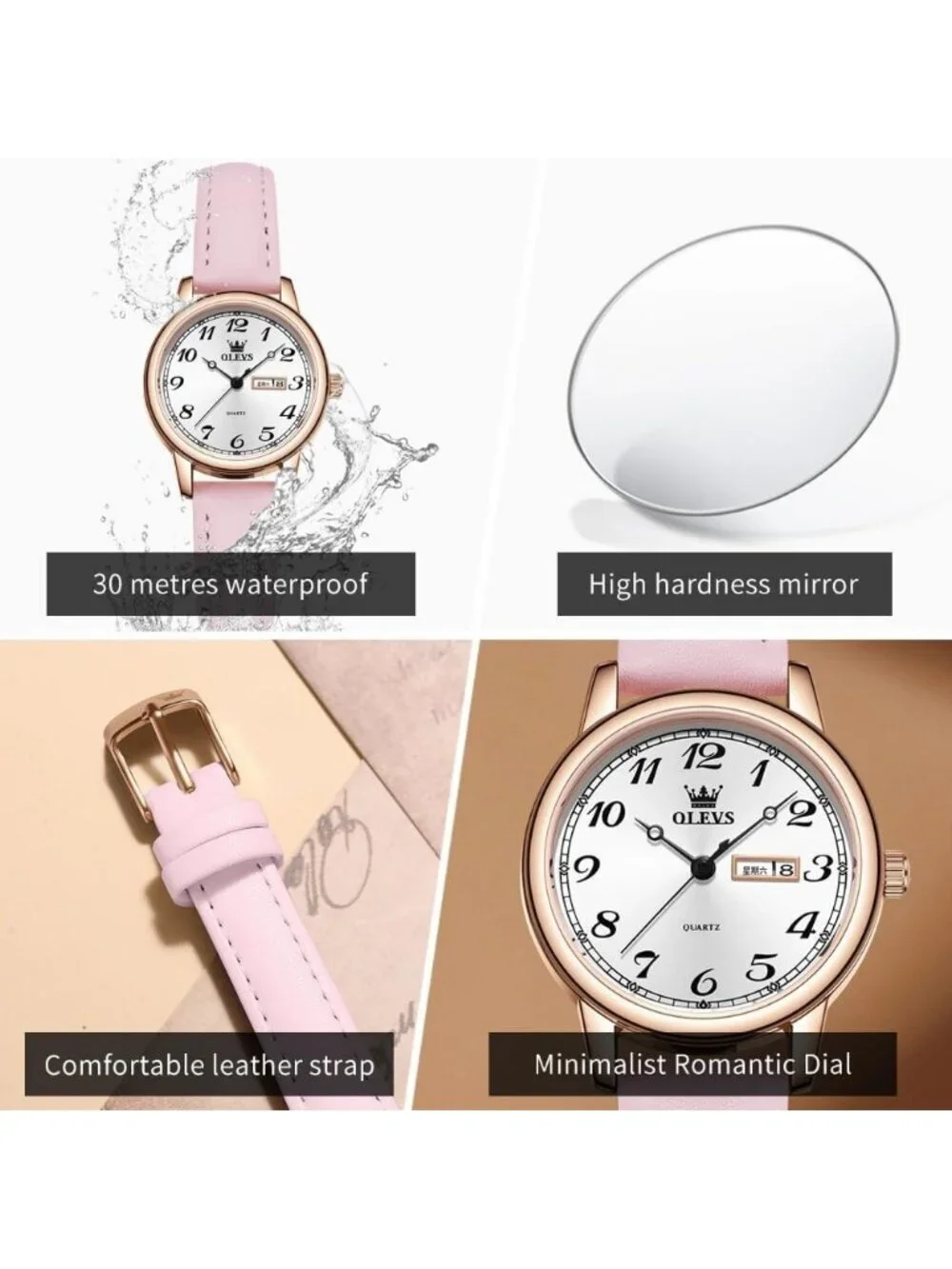 Olevs Women's Pink Vintage Leather Waterproof Reloj Mujer Quartz Luxury Watch